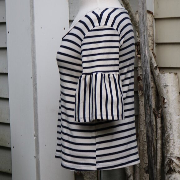 W5 for Anthropologie Blue White Stripe 3/4 Ruffle Sleeve Knit Top Sz SMALL - Picture 4 of 6